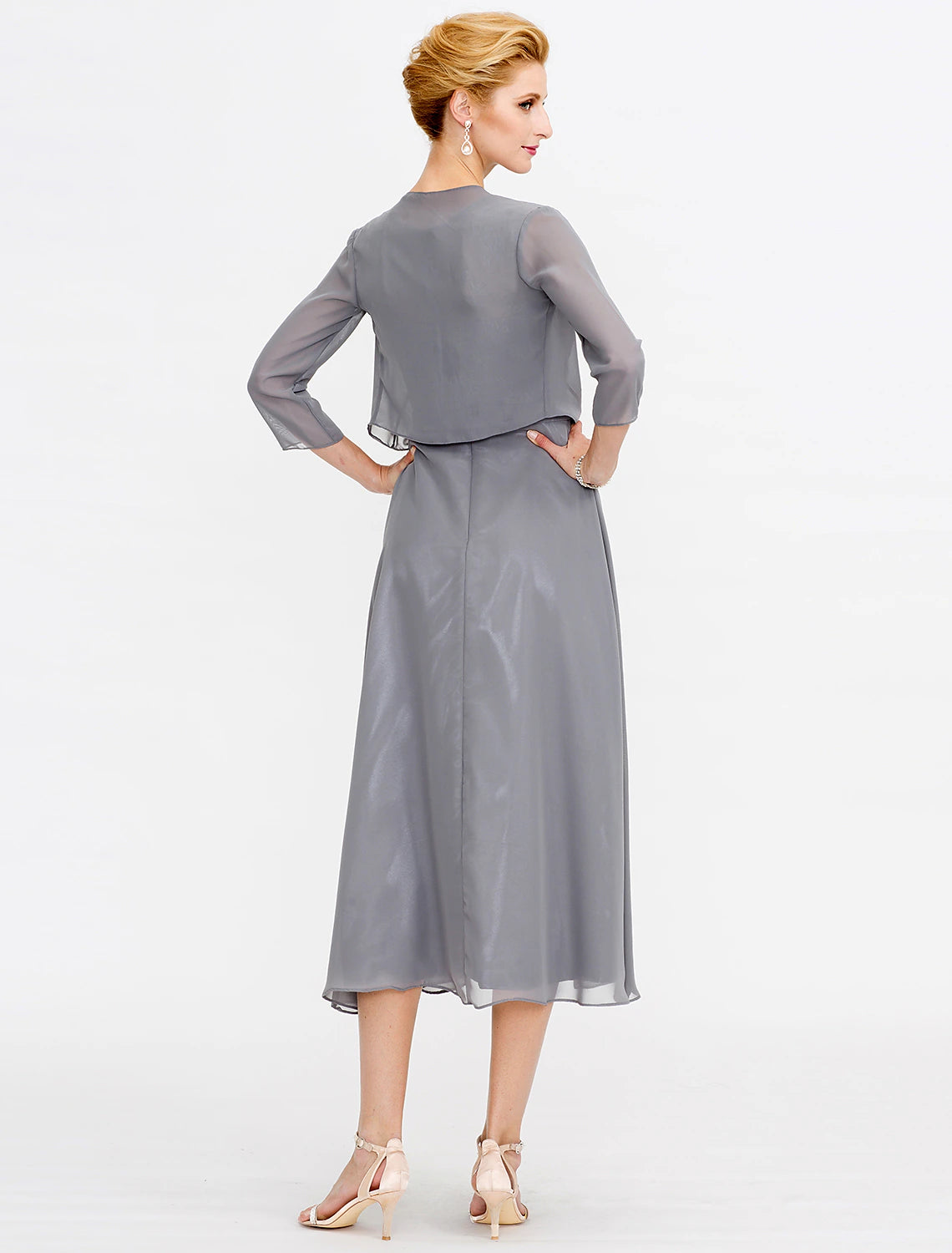 Abito da cerimonia per la madre della sposa a trapezio, abiti da cerimonia autunnali, taglie forti, elegante, scollo a V, lunghezza tè, in chiffon, pizzo cordonato, senza maniche, avvolgente, con pieghe in pizzo